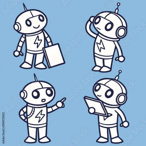Set of cute white robots. Cyber characters with lightning bolts, cross sign, tick, box in hands and adjustment cogs. Artificial intelligence. Cartoon flat vector collection isolated on blue .