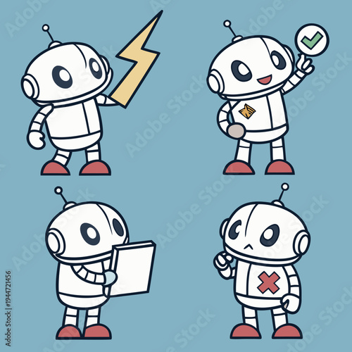 Set of cute white robots. Cyber characters with lightning bolts, cross sign, tick, box in hands and adjustment cogs. Artificial intelligence. Cartoon flat vector collection isolated on blue .