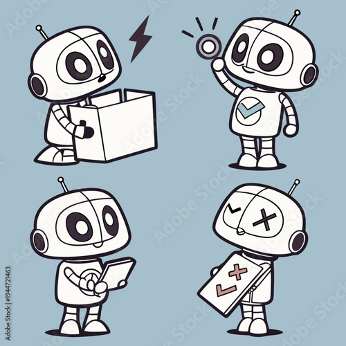 Set of cute white robots. Cyber characters with lightning bolts, cross sign, tick, box in hands and adjustment cogs. Artificial intelligence. Cartoon flat vector collection isolated on blue .