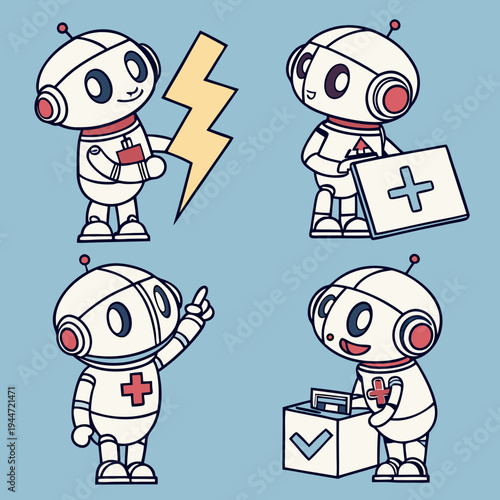 Set of cute white robots. Cyber characters with lightning bolts, cross sign, tick, box in hands and adjustment cogs. Artificial intelligence. Cartoon flat vector collection isolated on blue .
