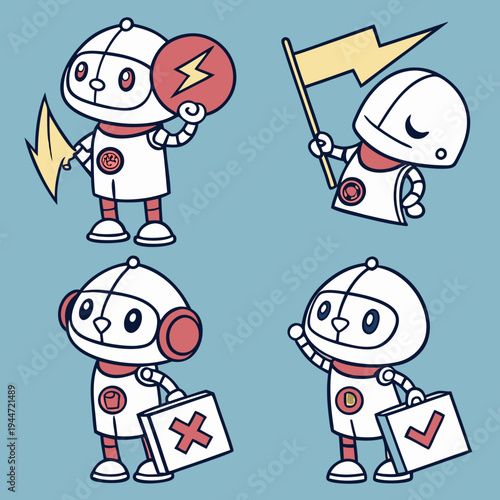 Set of cute white robots. Cyber characters with lightning bolts, cross sign, tick, box in hands and adjustment cogs. Artificial intelligence. Cartoon flat vector collection isolated on blue .