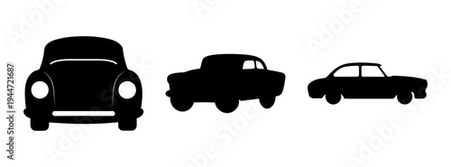 Three classic car silhouettes vector art for vintage auto design and retro vehicle graphics projects use