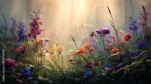 Vibrant wild blossoms bask in ethereal morning sunlight filtering through a misty meadow.