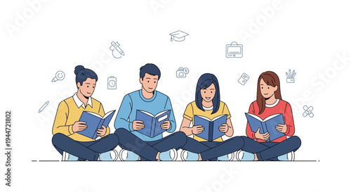 Group of diverse people reading books with educational icons illustration