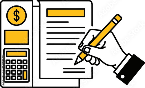 Hand holding pencil signing invoice document with calculator