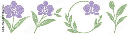 Purple orchids and floral elements, sketch style, isolated on white background
