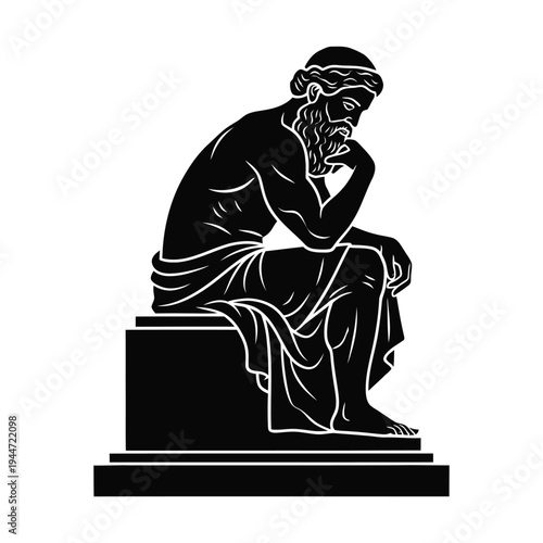 The Thinker Statue in Black and White Silhouette Illustration