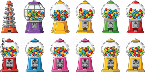 Colorful gumball vending machines collection with spiral candy dispenser retro arcade bubblegum machines vector illustration isolated on light background
