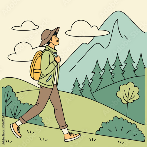 Time to travel. Moving banner with man watching beautiful natural landscape with mountains. Tourism, hiking and outdoor recreation. Trekking and walking in forest. Cartoon flat animated .