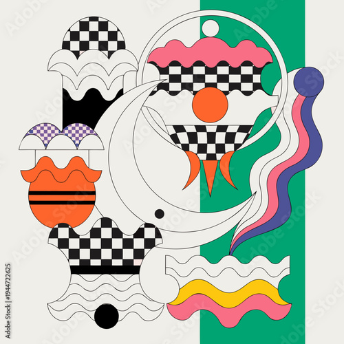 Vibrant abstract shapes with checkered patterns and wavy lines in a colorful composition on a green background