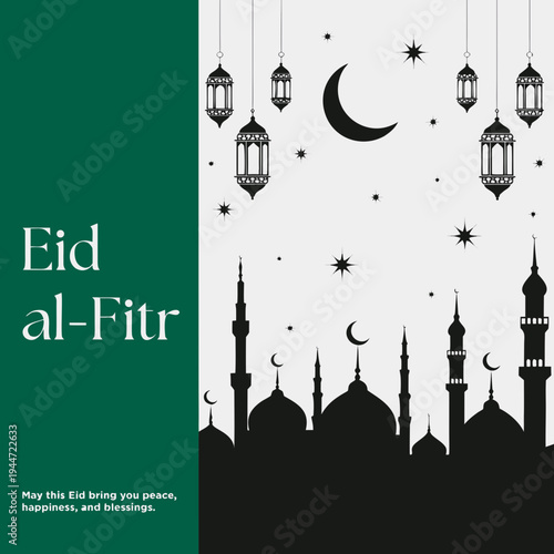 Eid al fitr celebration with mosque silhouette lanterns and crescent moon in night sky