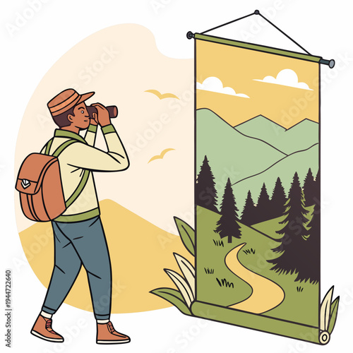 Time to travel. Moving banner with man watching beautiful natural landscape with mountains. Tourism, hiking and outdoor recreation. Trekking and walking in forest. Cartoon flat animated .