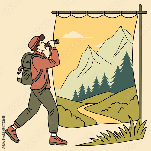 Time to travel. Moving banner with man watching beautiful natural landscape with mountains. Tourism, hiking and outdoor recreation. Trekking and walking in forest. Cartoon flat animated .