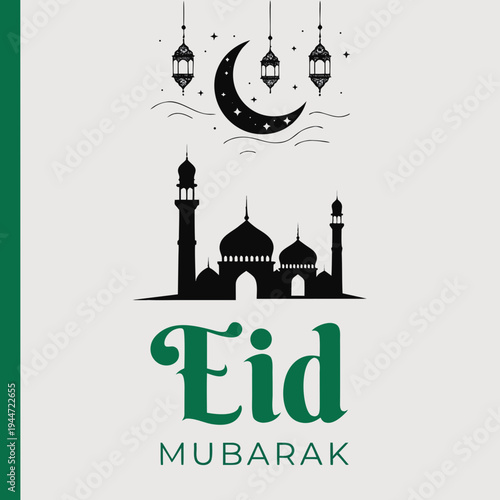 Eid mubarak greeting card with mosque silhouette and crescent moon lanterns on white background
