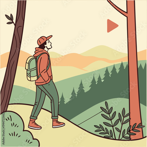 Time to travel. Moving banner with man watching beautiful natural landscape with mountains. Tourism, hiking and outdoor recreation. Trekking and walking in forest. Cartoon flat animated .