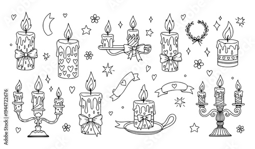 Hand drawn whimsical candle doodle collection with coquette romantic ink elements vector illustration
