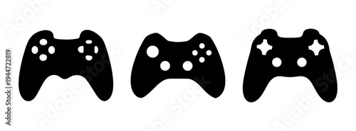 Three black game controllers vector illustration for gaming console and entertainment design needs