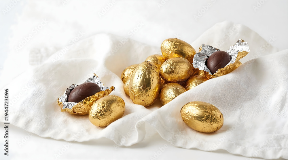 Fototapeta premium Golden chocolate eggs on white cloth