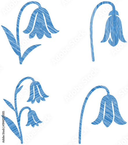 Blue bell flowers and leaves, stylized graphic elements, nature design, hand drawn