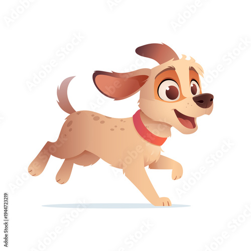 Cute cartoon puppy dog running happily with long ears flapping. Isolated on white background. Friendly pet vector character, perfect for childrens design, pet themes, and animal illustrations