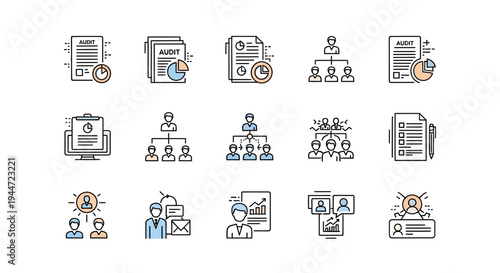 Business and management icons set documents charts and people in vector style