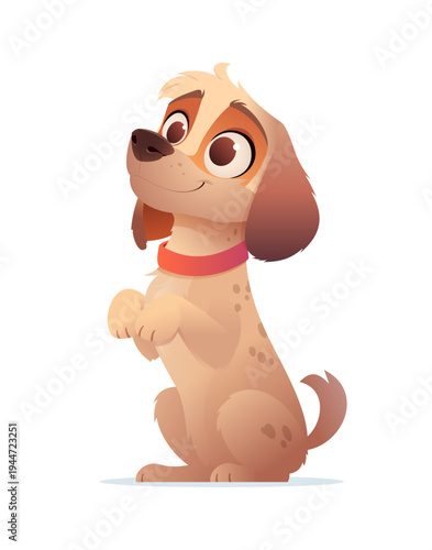 Adorable cartoon puppy sitting on hind legs in a begging pose. Happy dog looking up with big eyes. Isolated on white. Friendly pet character, perfect for childrens designs and pet themed illustrations