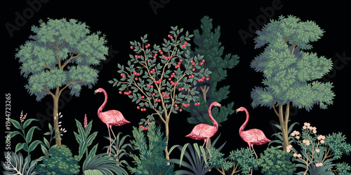 Botanical trees, cherry tree, plants, flower, flamingo bird landscape border. Exotic jungle wallpaper.
