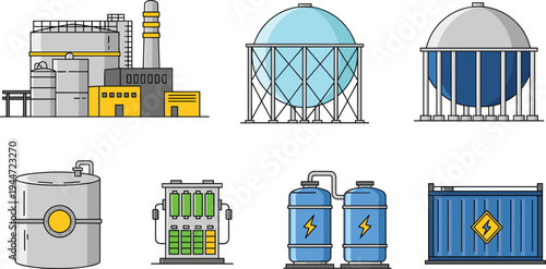 Industrial energy storage and power infrastructure icons including tanks, gas holders, battery systems, power plant facilities and containers illustration