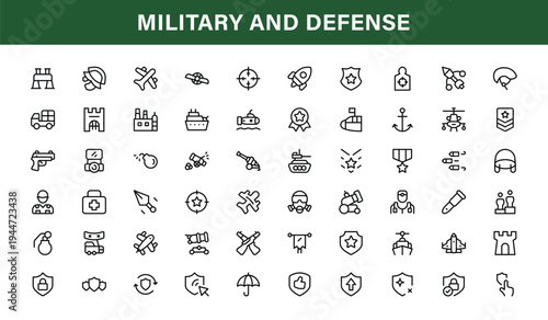 Military and Defense Line Icon Set: Professional, Modern, and Minimal Outline Symbols for Strategic Operations