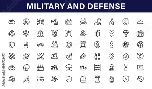 Military and defense icon set with weapon army and security symbol