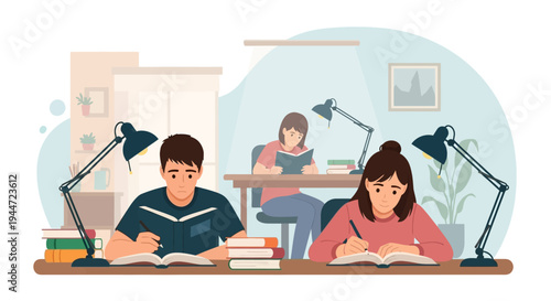 Students studying and taking notes at desks with lamps in a classroom or library