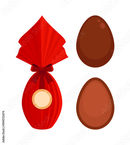 Brazilian and Italian style foil wrapped chocolate Easter egg with bow and chocolate eggs set. Uova di Pasqua tradition, Latin Easter gift confectionery holiday sweets mockup
