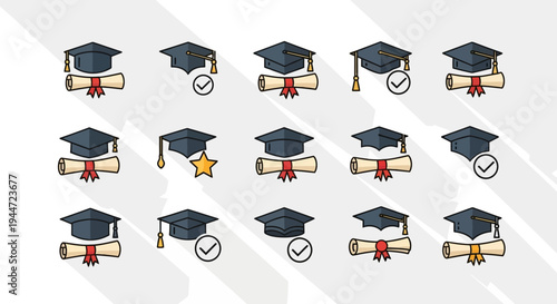 Graduation cap and diploma icons set for education and achievement