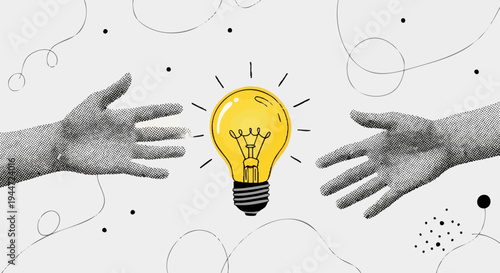 Creative Idea Sharing Concept Vector Illustration with Two Hands Reaching Towards a Bright Yellow Light Bulb on a Textured White Background