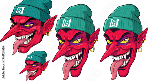 Set of Four Red Devil Character Vector Illustrations with Long Noses, Sharp Teeth, and Teal Beanies, Featuring a Playful, Mischievous Expression and Tongue Sticking Out, Ideal for Streetwear