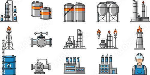 Oil and gas industry icon set with refinery towers, storage tanks, pipelines, drilling rig, barrels and petrochemical plant illustration