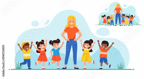 Happy Diverse Group of Six Young Children and Female Teacher Standing Together in a Playful Cartoon Vector Illustration
