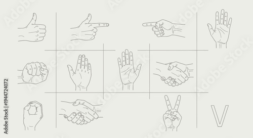Outlined hand gestures and symbols set against a neutral background