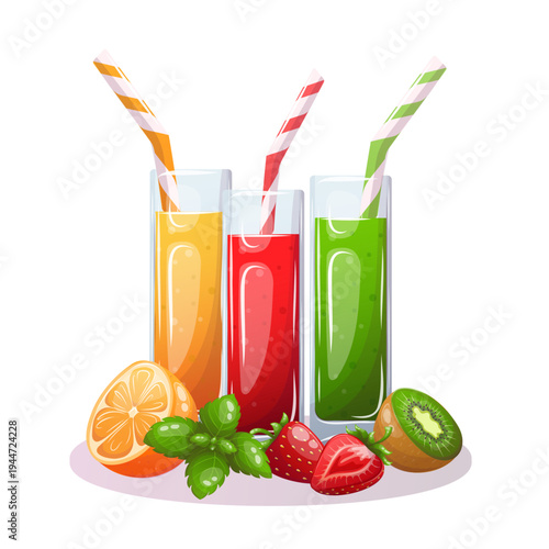 Three glasses of kiwi, strawberry and orange juice