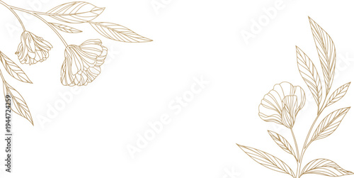 Golden floral line frame vector, luxury leaf border with vintage blossom decoration for elegant wedding card and botanical frame design.