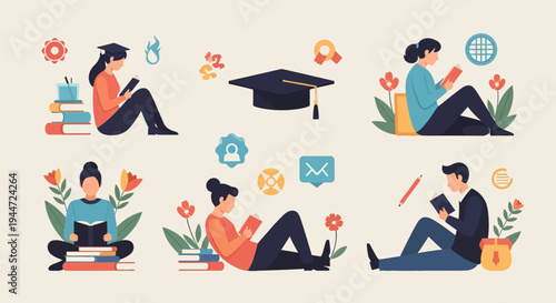 People reading books and studying with education elements in vector style