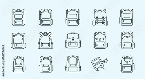 Collection of backpack illustrations outline designs for education and travel