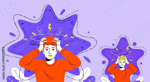 Vector illustration of a man and a smaller woman experiencing stress, headache, and anxiety, holding their heads with swirling lines and lightning bolts