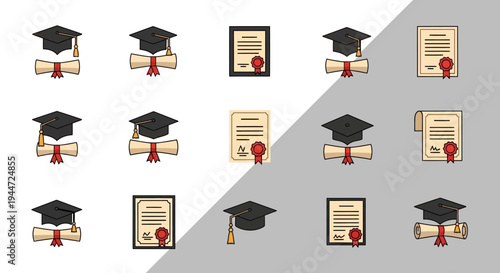 Graduation symbols mortarboards scrolls and certificates for education concepts