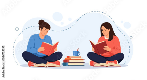 Two women sitting cross legged reading books with coffee and stacked books