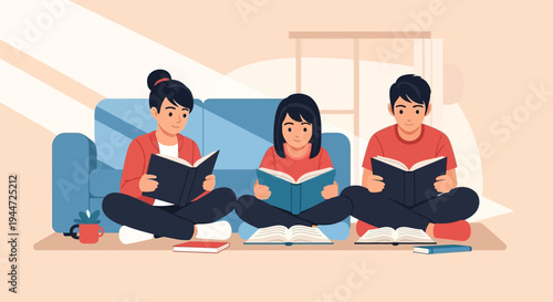 Three individuals reading books indoors with sunlight and copy space