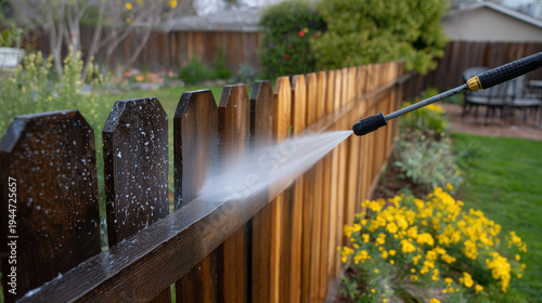 Close-up perspective of a wooden fence during pressure washing restoration, half the boards still dark, stained, and weather-beaten while the cleaned side reveals bright golden woo