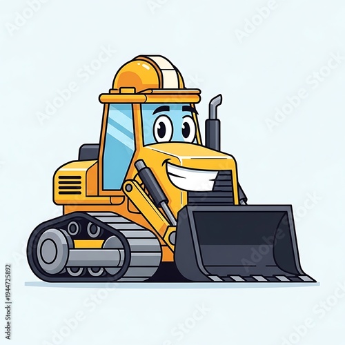 Smiling cartoon bulldozer in hard hat.