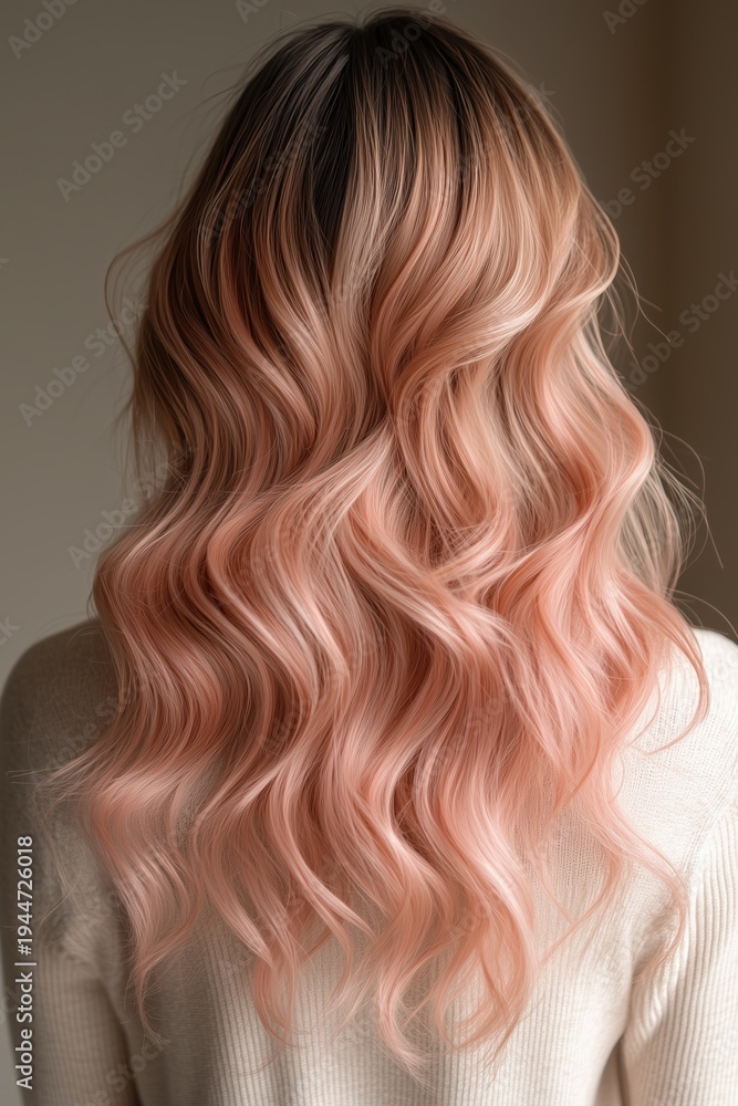 Naklejka premium Back view of woman with long wavy hair colored in soft peach pink balayage with dark roots. Trendy rose gold pastel hair color, professional salon coloring, modern hairstyle and beauty fashion concept
