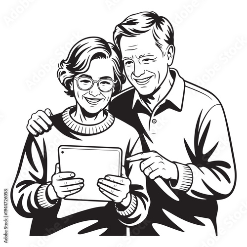Happy Senior Couple Using Digital Tablet Vector Illustration: Elderly Man and Woman Browsing Online Together, Black and White Line Art for Technology and Lifestyle Concepts